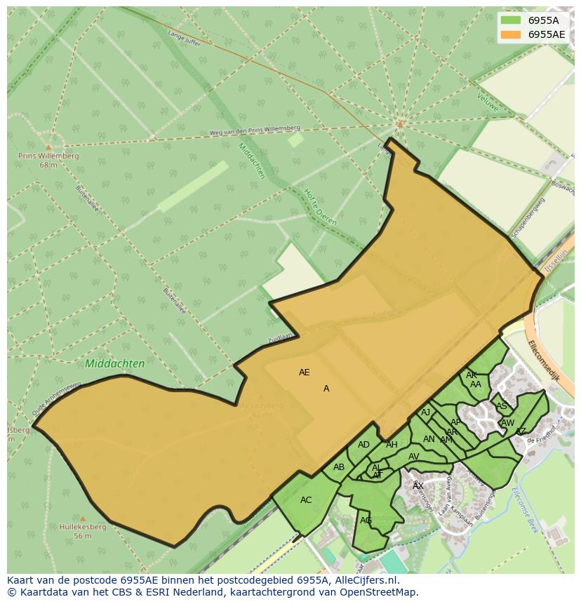 Afbeelding van het postcodegebied 6955 AE op de kaart.
