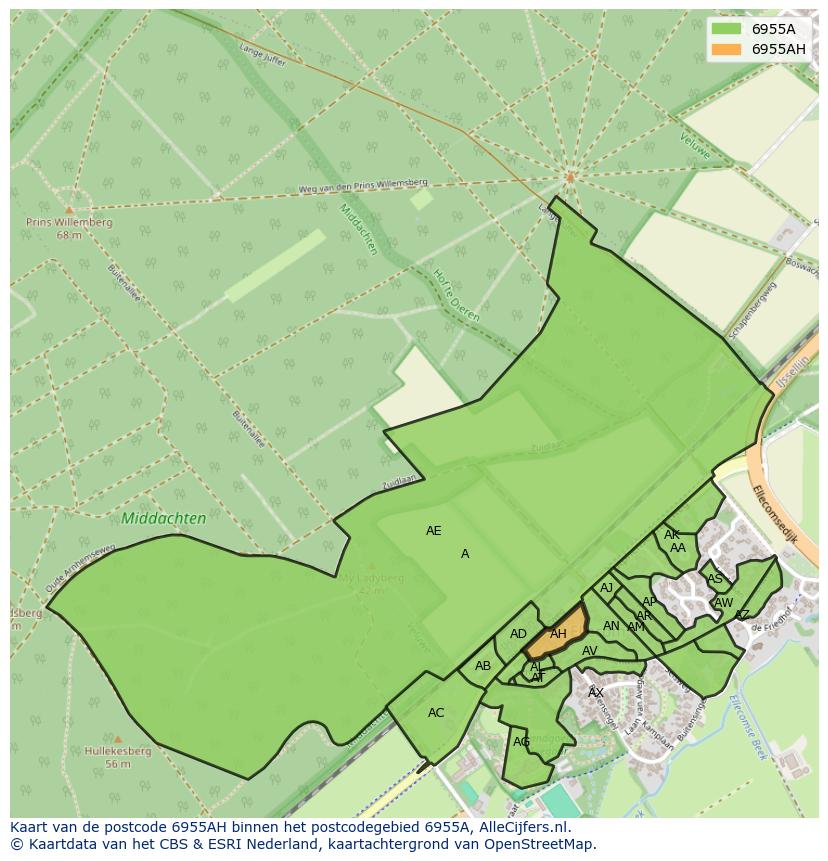 Afbeelding van het postcodegebied 6955 AH op de kaart.