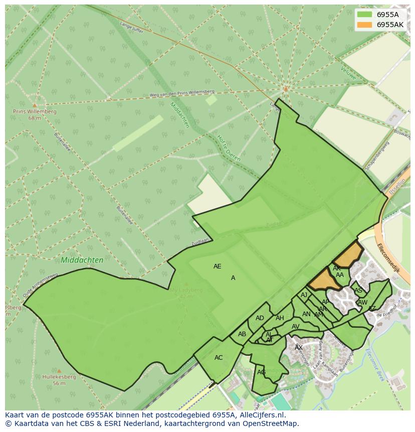 Afbeelding van het postcodegebied 6955 AK op de kaart.