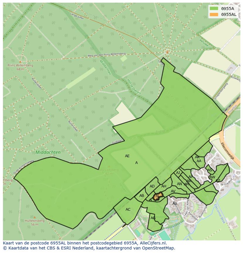 Afbeelding van het postcodegebied 6955 AL op de kaart.