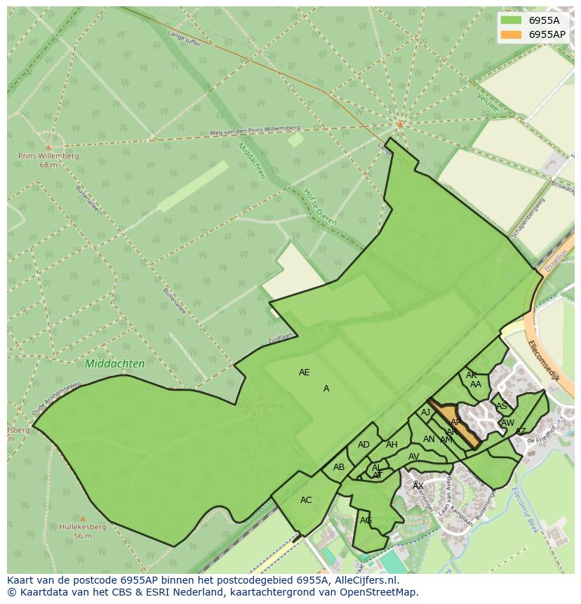 Afbeelding van het postcodegebied 6955 AP op de kaart.