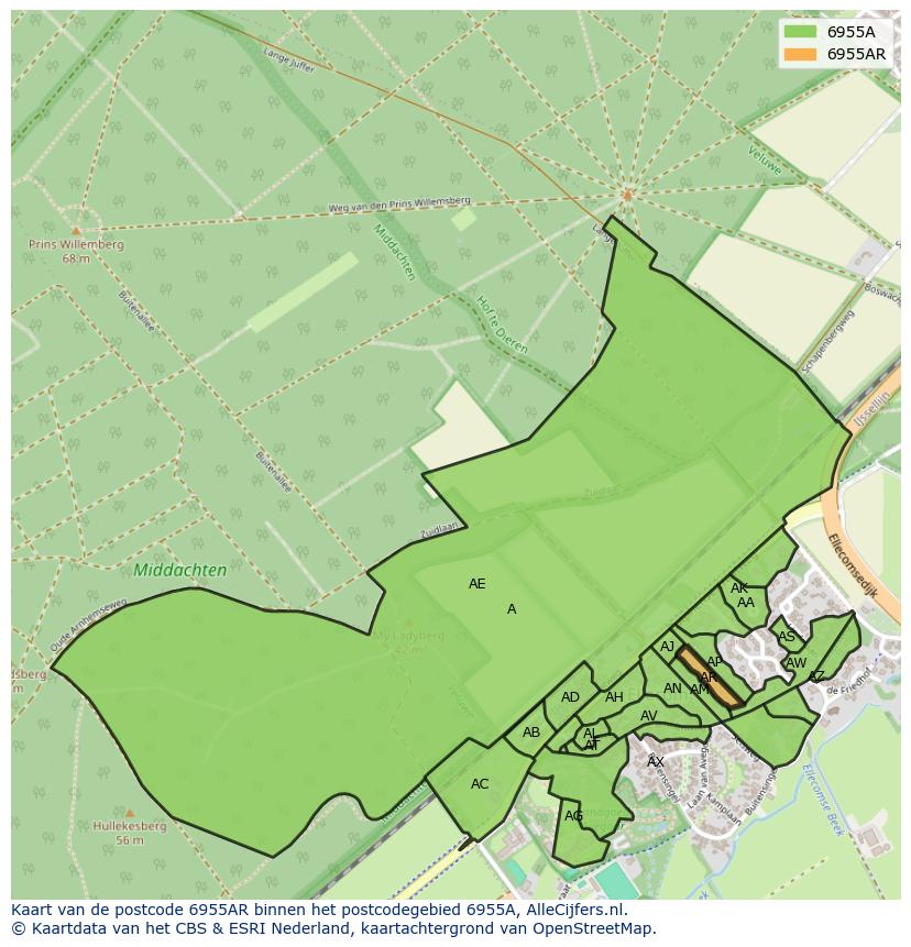 Afbeelding van het postcodegebied 6955 AR op de kaart.