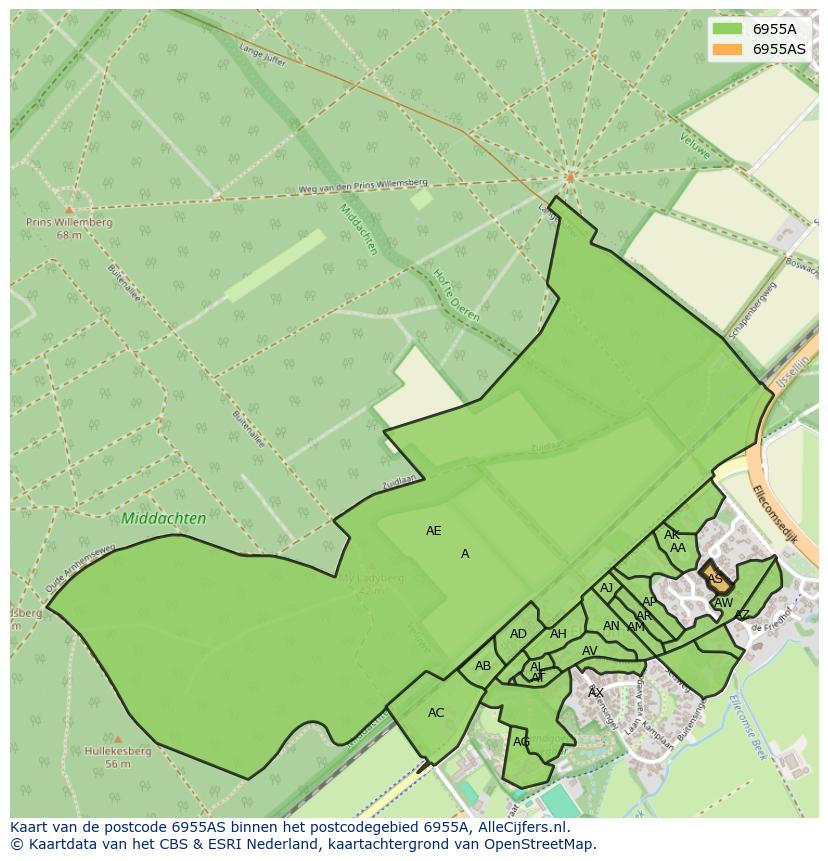 Afbeelding van het postcodegebied 6955 AS op de kaart.
