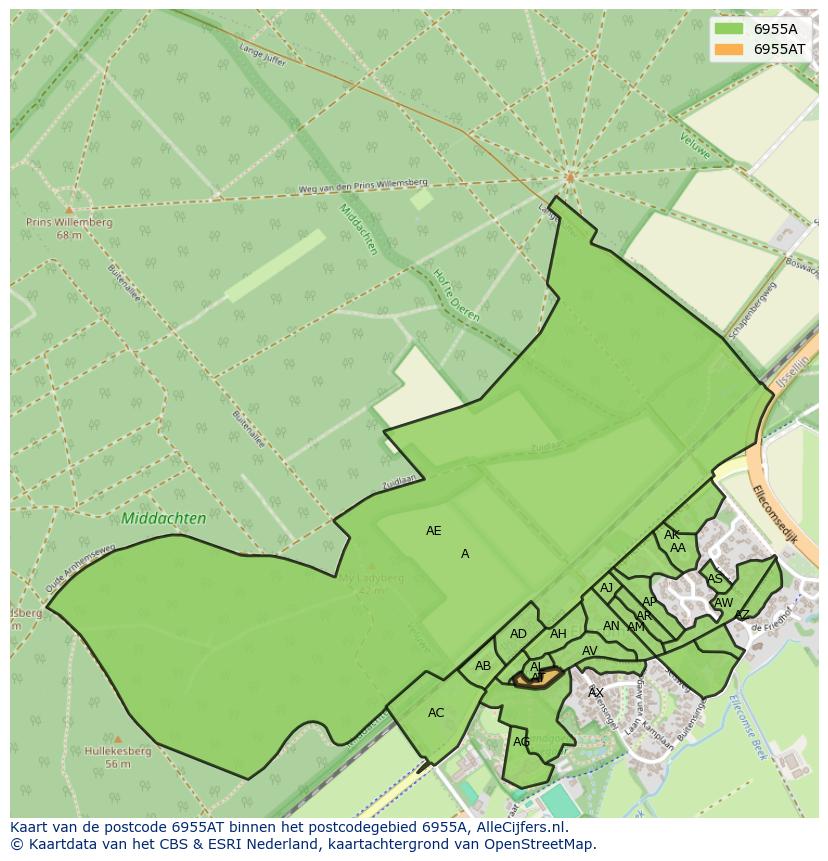 Afbeelding van het postcodegebied 6955 AT op de kaart.
