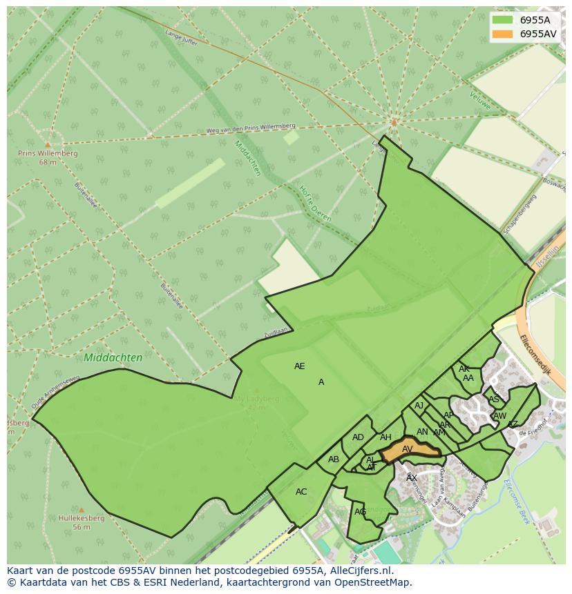 Afbeelding van het postcodegebied 6955 AV op de kaart.