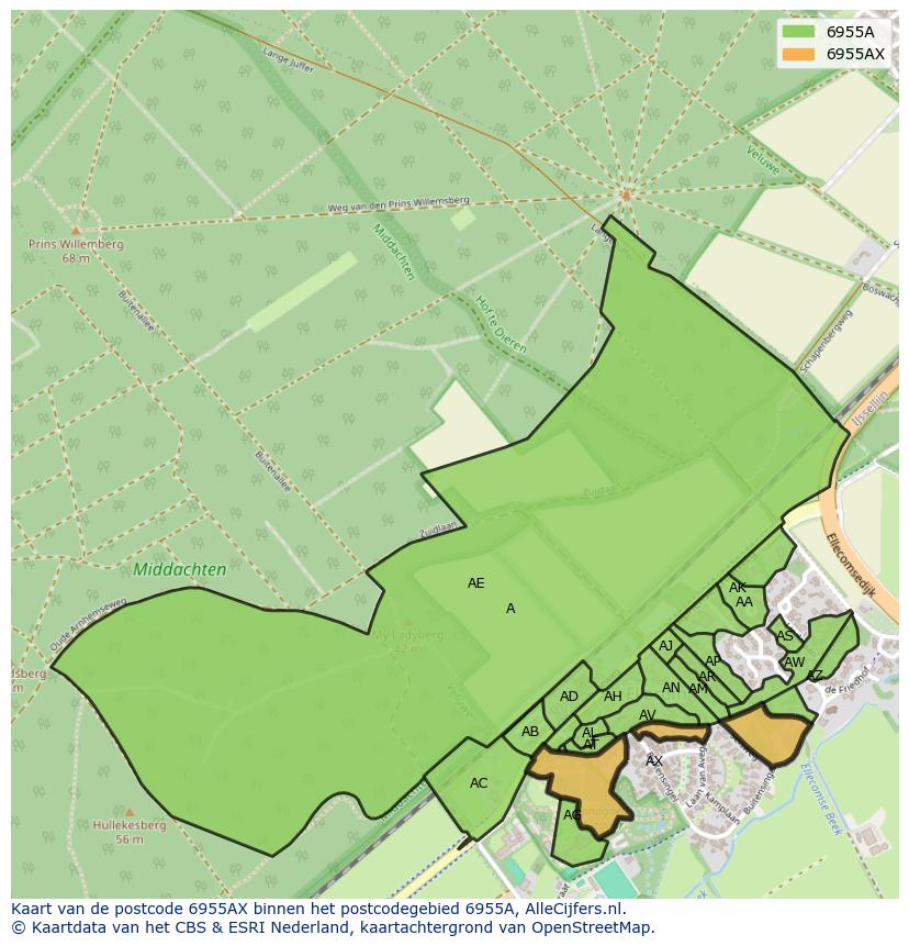 Afbeelding van het postcodegebied 6955 AX op de kaart.