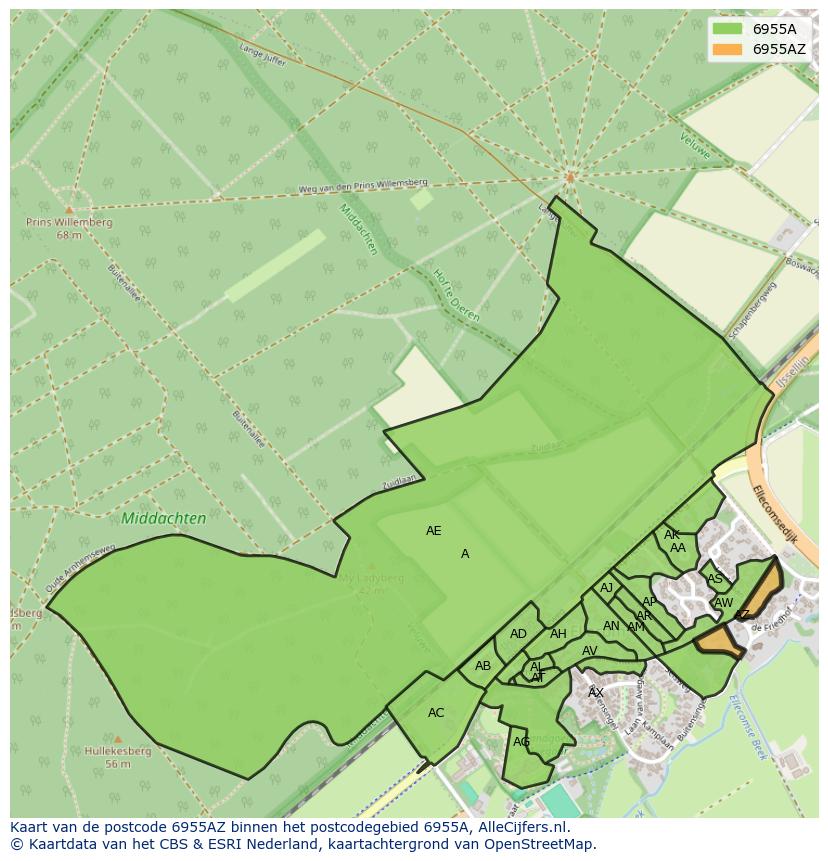 Afbeelding van het postcodegebied 6955 AZ op de kaart.