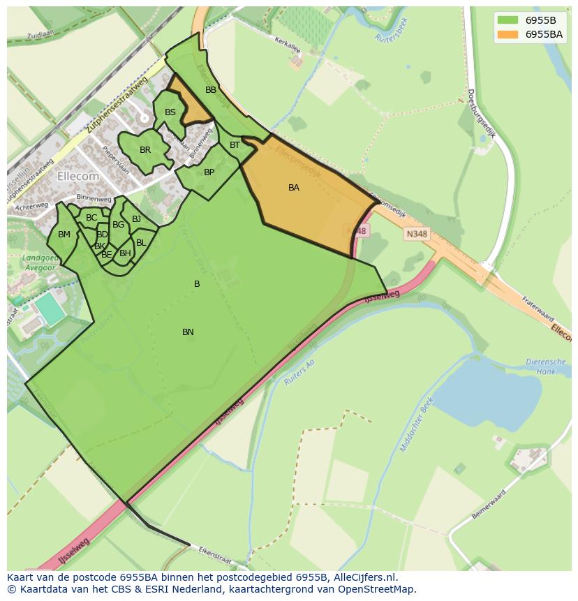 Afbeelding van het postcodegebied 6955 BA op de kaart.