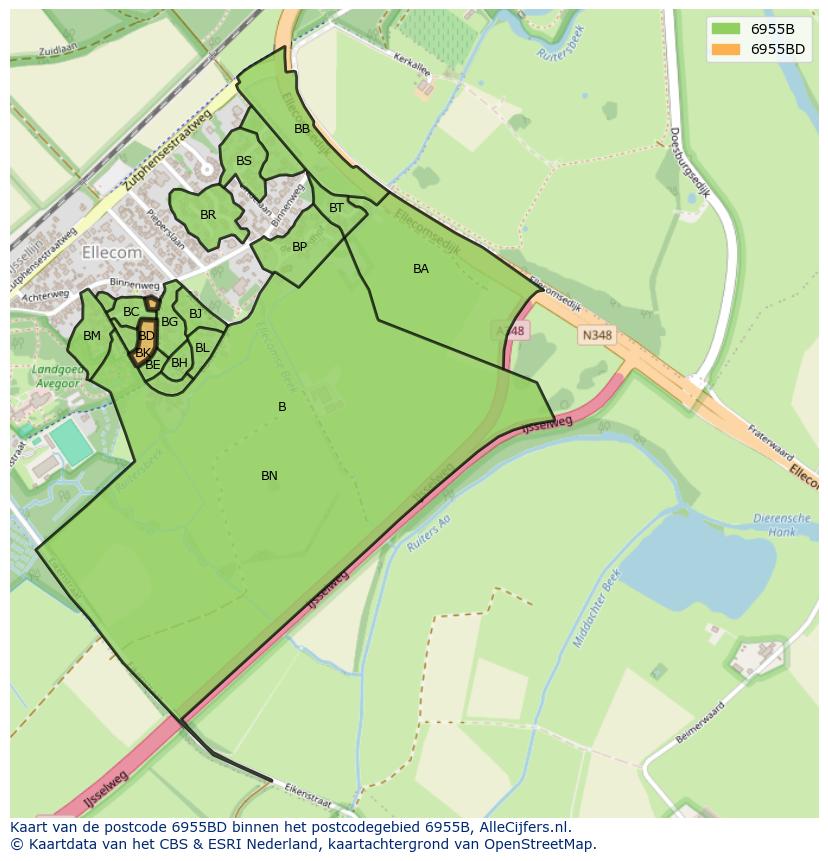 Afbeelding van het postcodegebied 6955 BD op de kaart.
