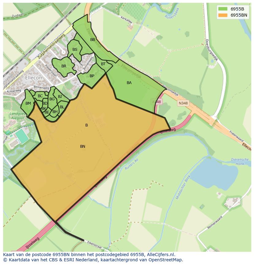 Afbeelding van het postcodegebied 6955 BN op de kaart.