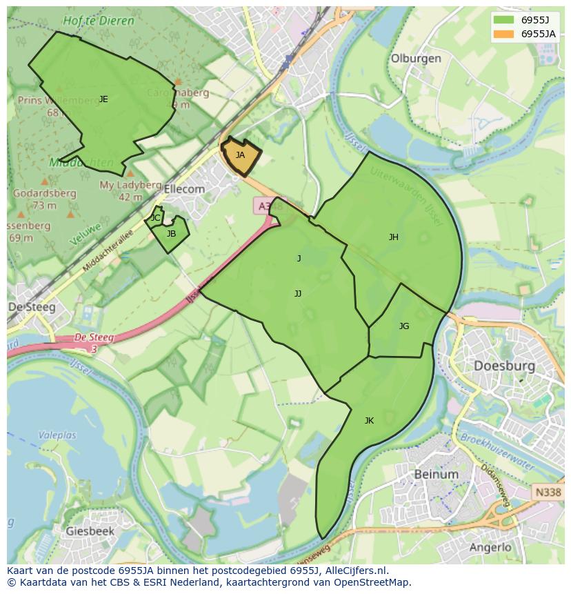 Afbeelding van het postcodegebied 6955 JA op de kaart.