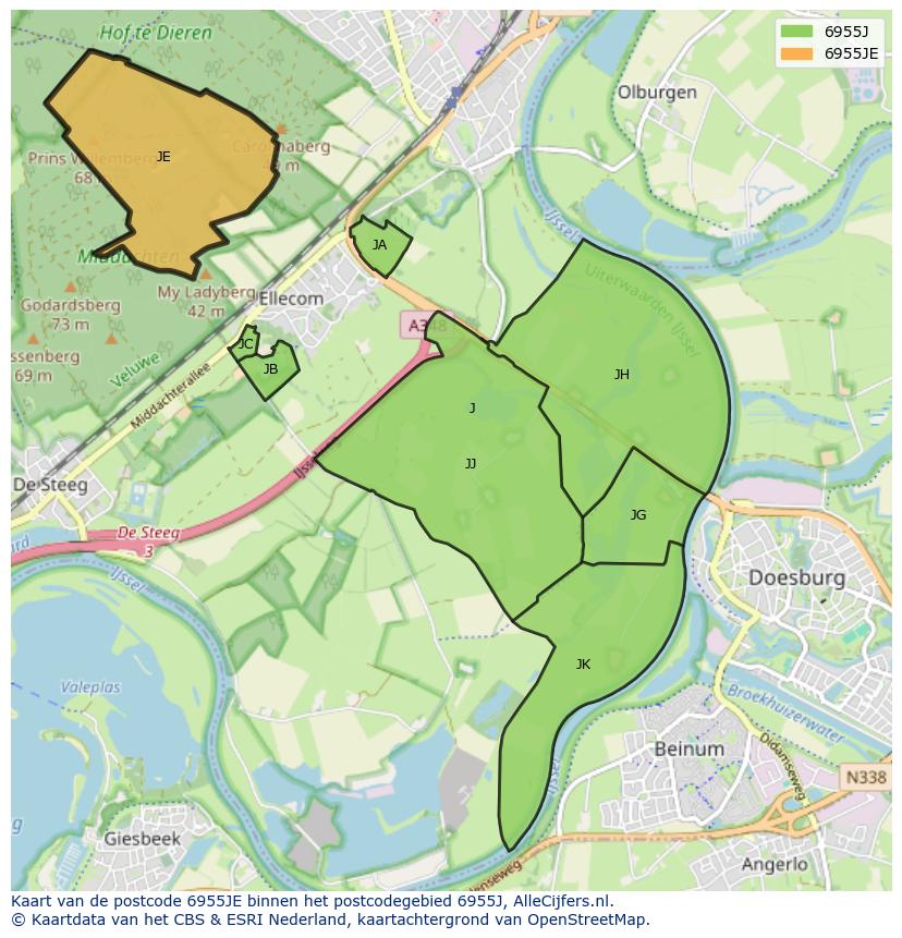 Afbeelding van het postcodegebied 6955 JE op de kaart.