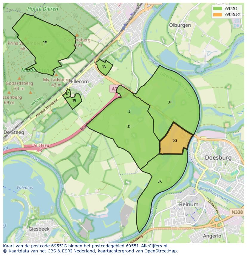 Afbeelding van het postcodegebied 6955 JG op de kaart.