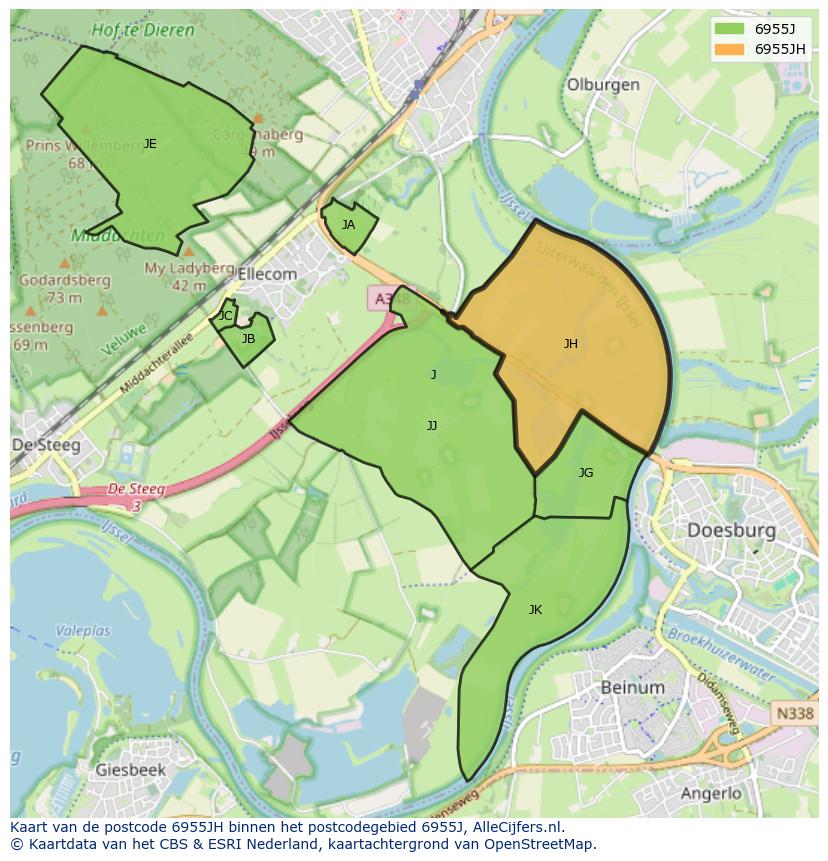 Afbeelding van het postcodegebied 6955 JH op de kaart.