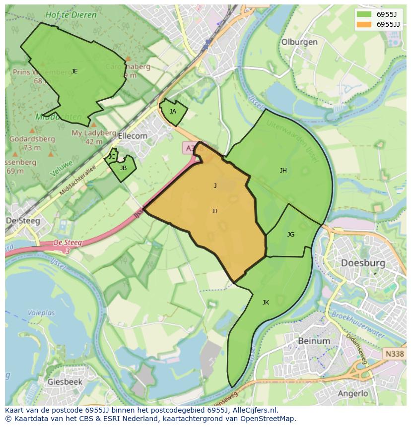 Afbeelding van het postcodegebied 6955 JJ op de kaart.