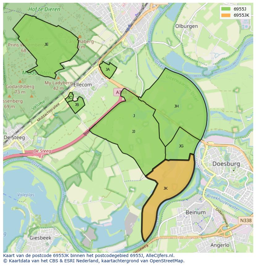 Afbeelding van het postcodegebied 6955 JK op de kaart.