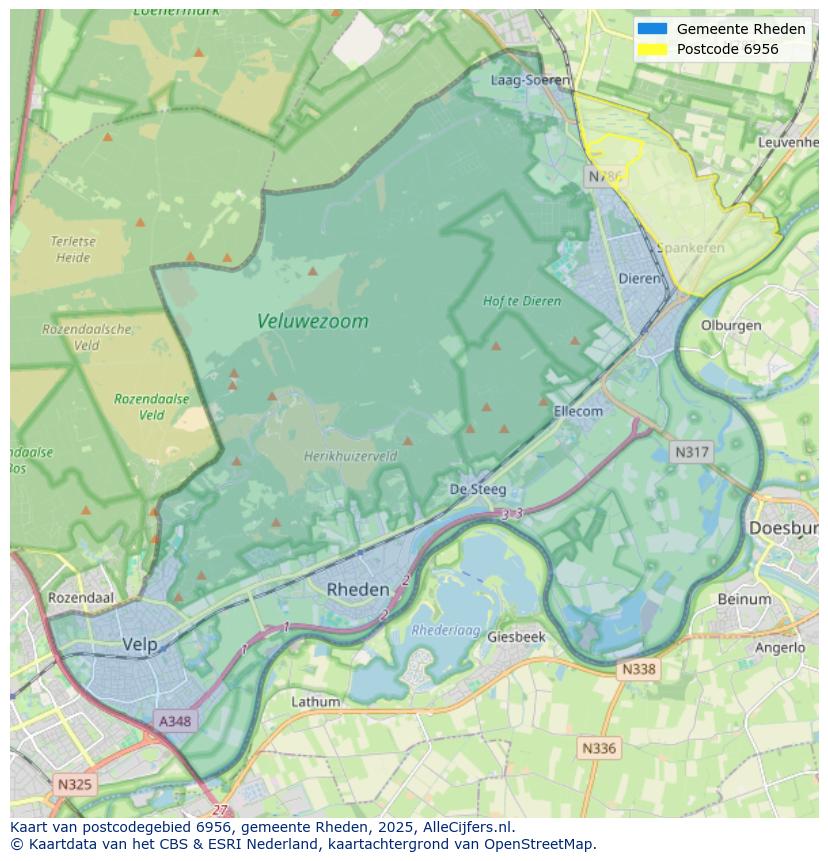 Afbeelding van het postcodegebied 6956 op de kaart.