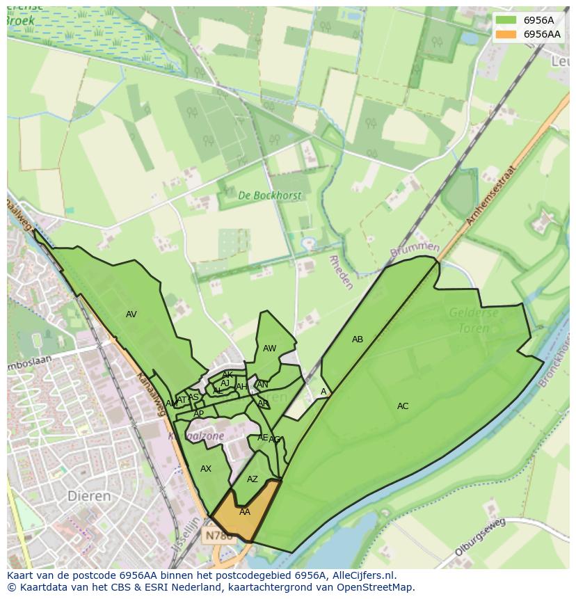 Afbeelding van het postcodegebied 6956 AA op de kaart.