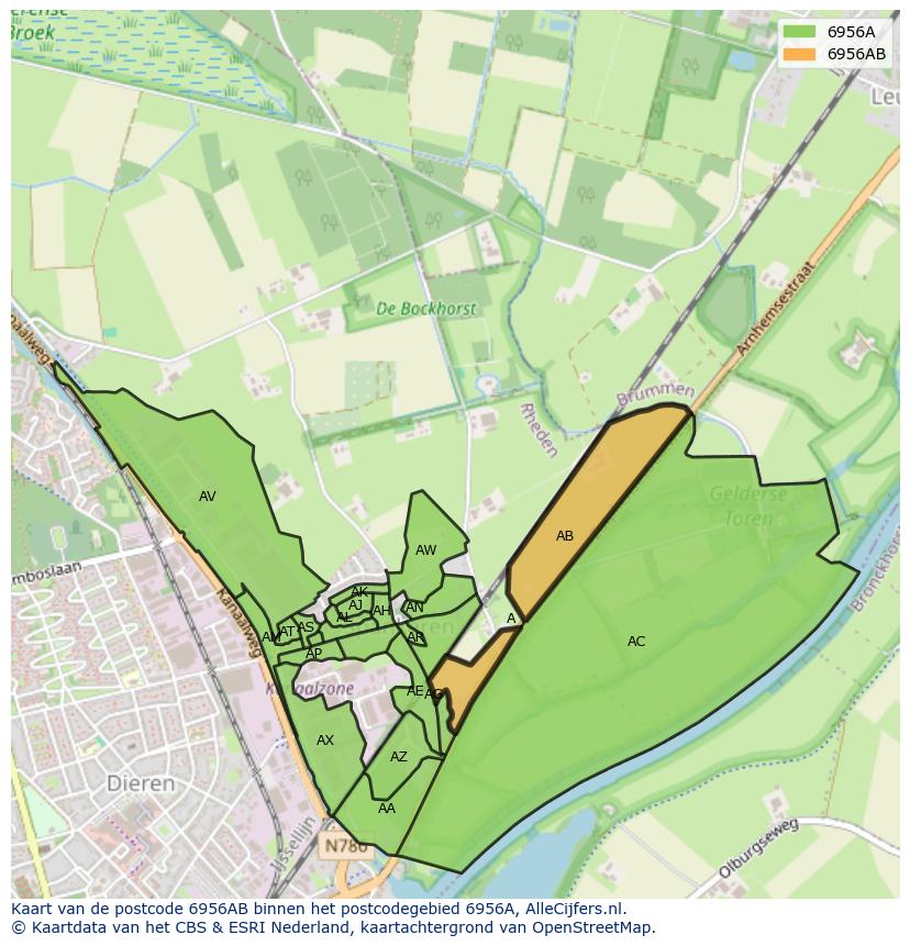 Afbeelding van het postcodegebied 6956 AB op de kaart.