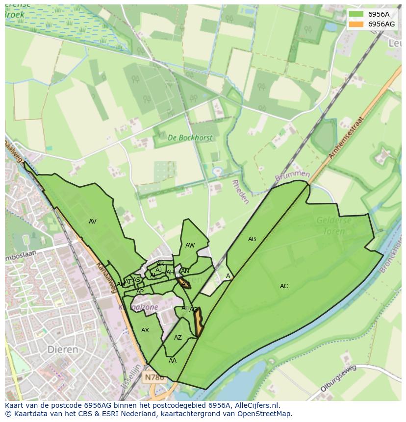 Afbeelding van het postcodegebied 6956 AG op de kaart.