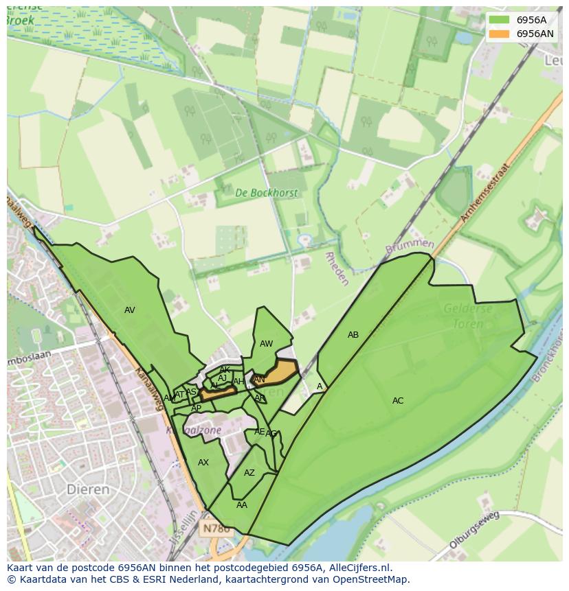 Afbeelding van het postcodegebied 6956 AN op de kaart.