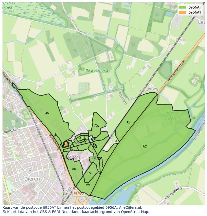 Afbeelding van het postcodegebied 6956 AT op de kaart.