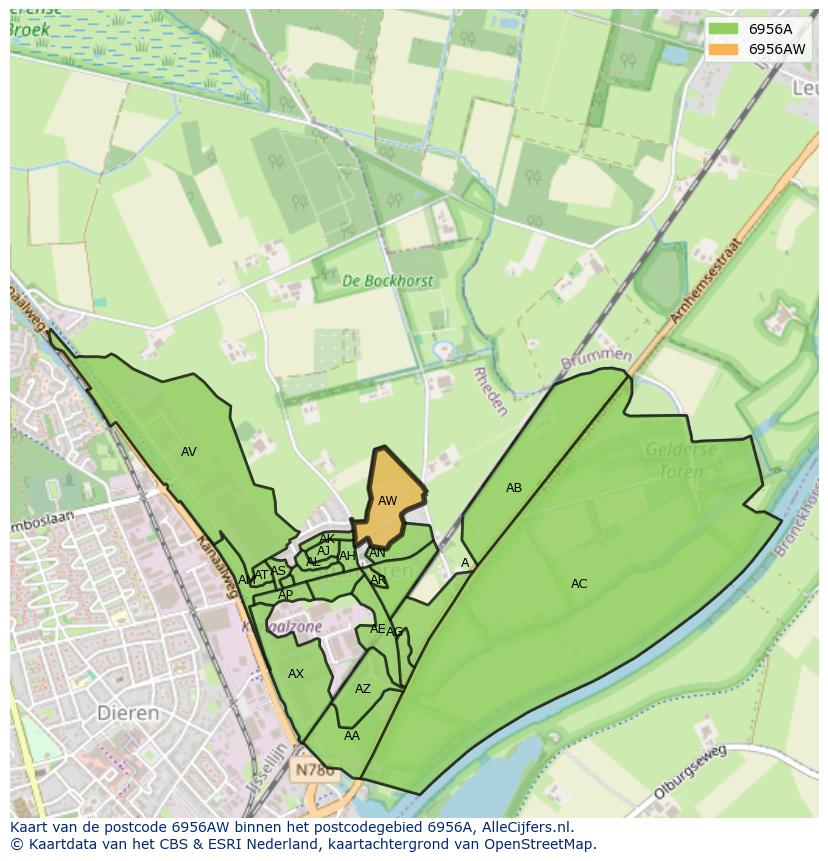 Afbeelding van het postcodegebied 6956 AW op de kaart.