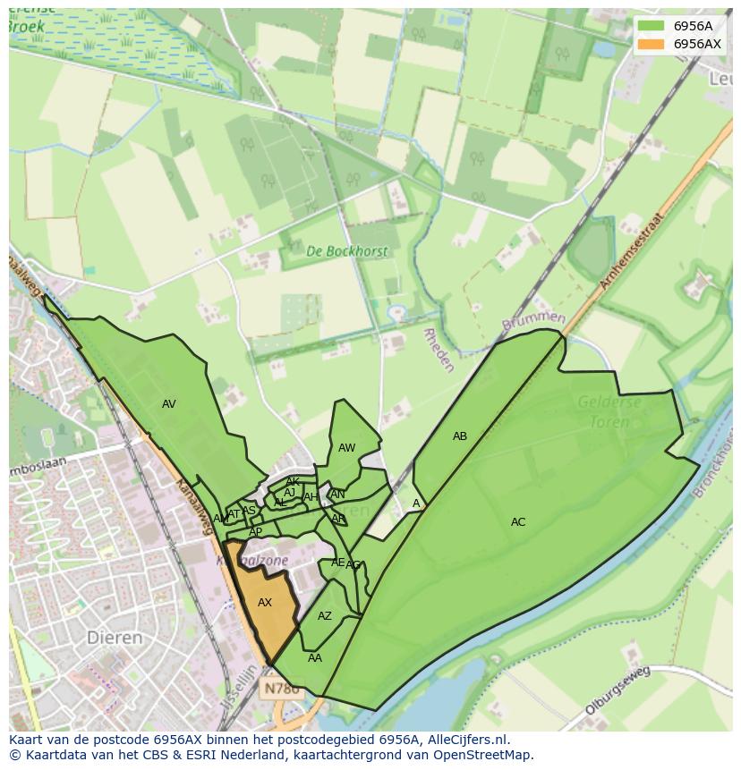 Afbeelding van het postcodegebied 6956 AX op de kaart.