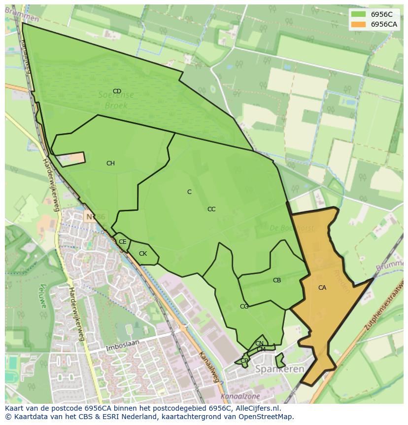 Afbeelding van het postcodegebied 6956 CA op de kaart.