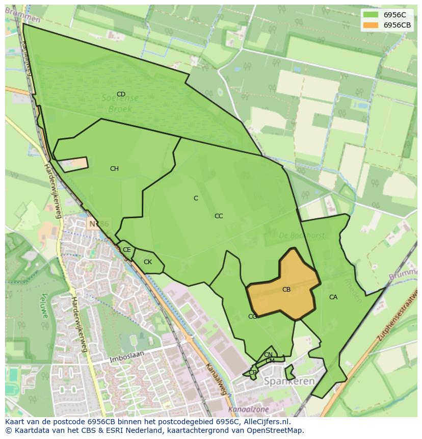 Afbeelding van het postcodegebied 6956 CB op de kaart.
