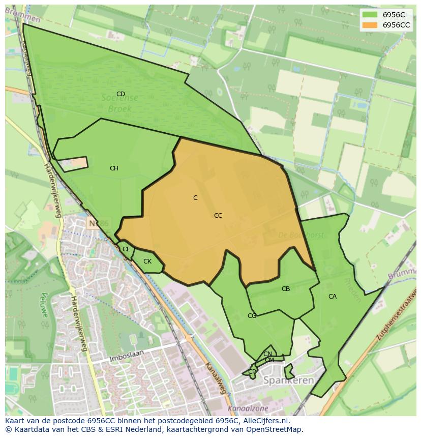 Afbeelding van het postcodegebied 6956 CC op de kaart.