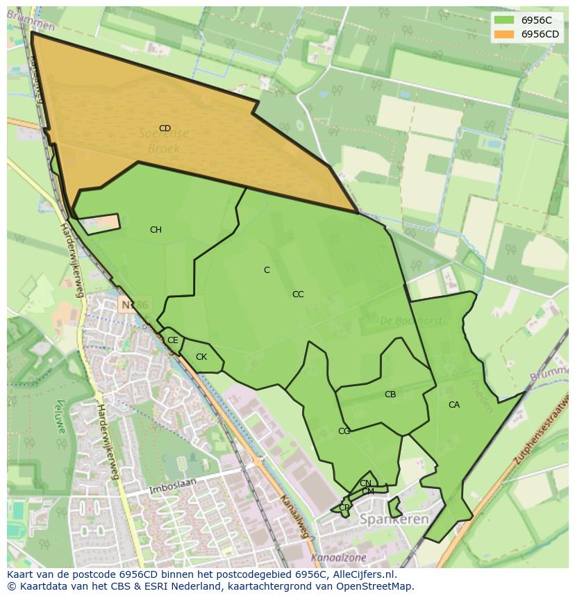 Afbeelding van het postcodegebied 6956 CD op de kaart.