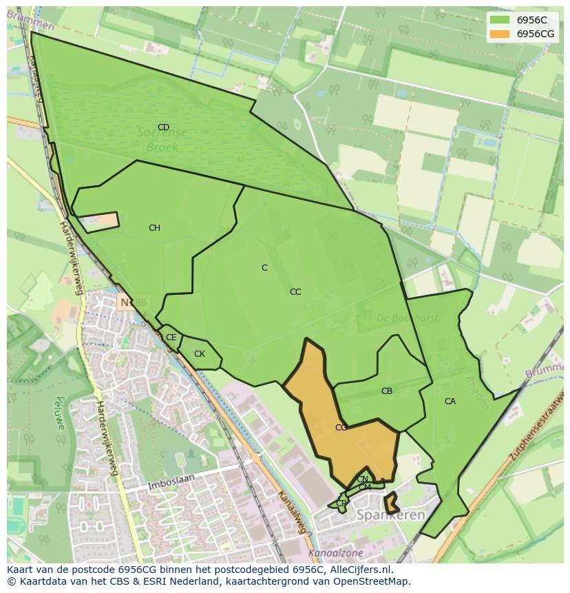 Afbeelding van het postcodegebied 6956 CG op de kaart.