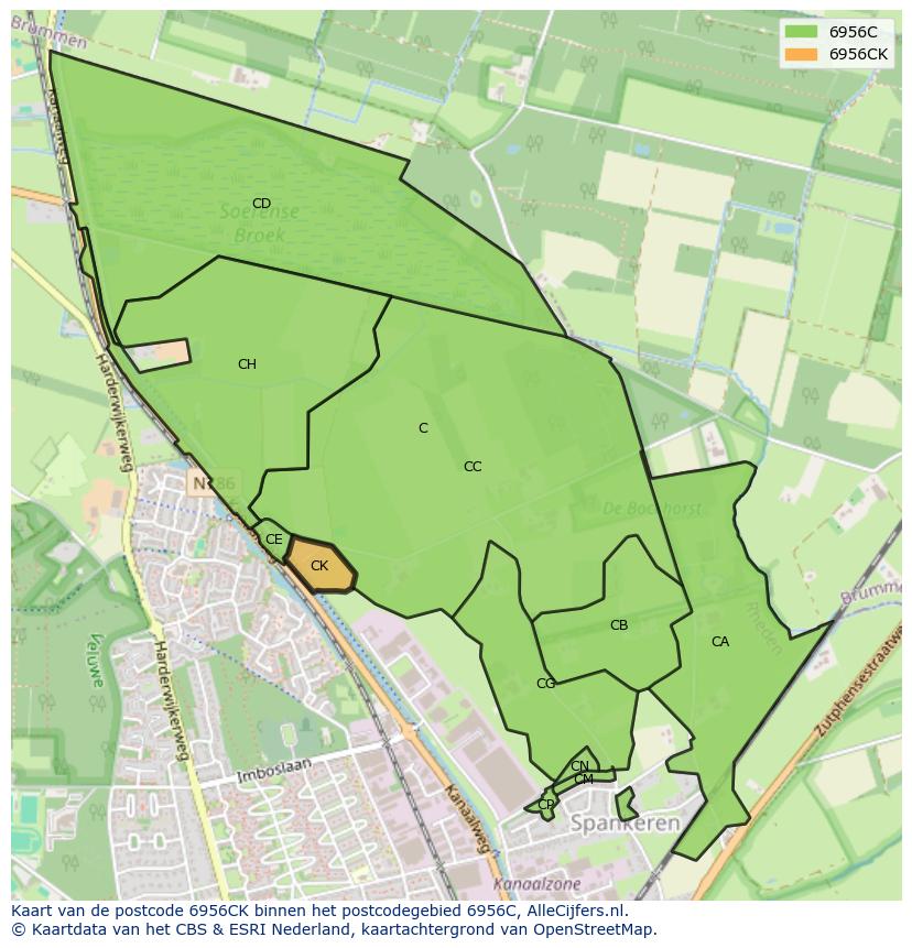 Afbeelding van het postcodegebied 6956 CK op de kaart.