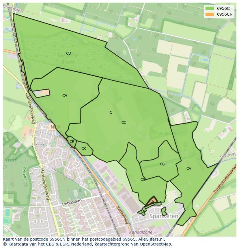 Afbeelding van het postcodegebied 6956 CN op de kaart.
