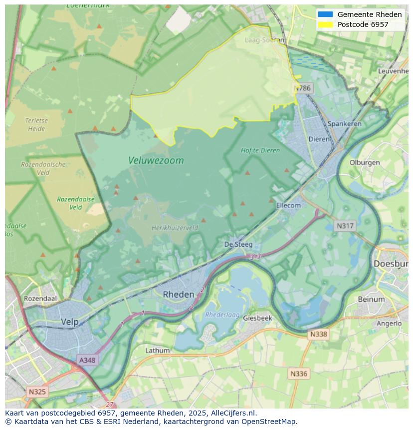 Afbeelding van het postcodegebied 6957 op de kaart.