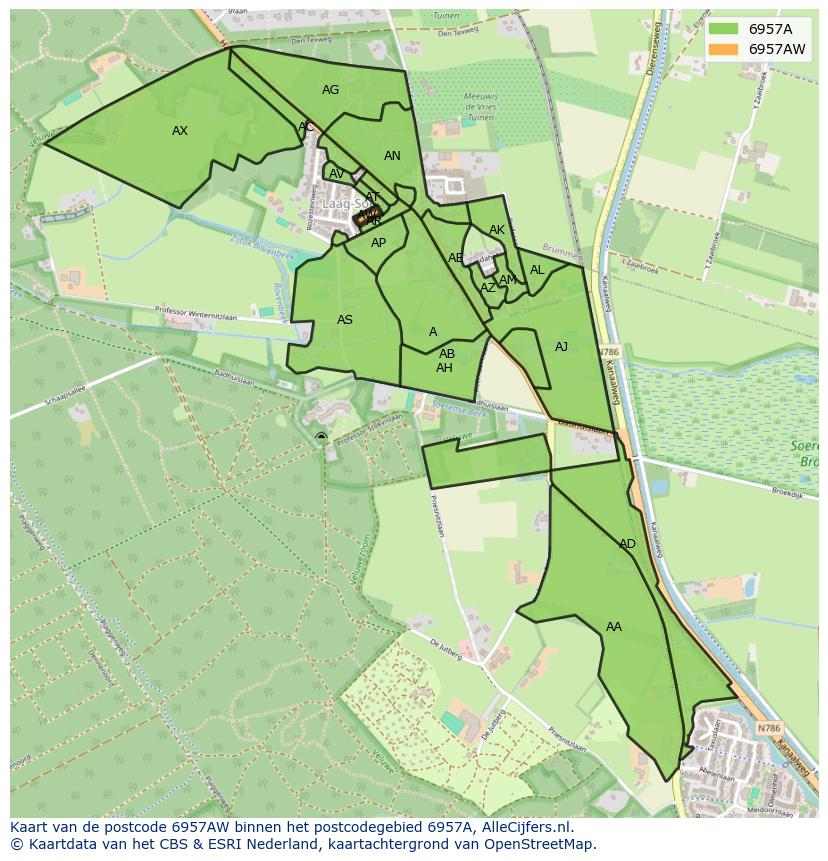 Afbeelding van het postcodegebied 6957 AW op de kaart.
