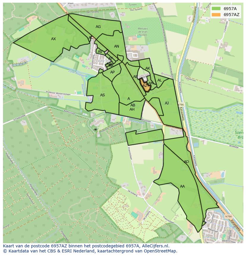 Afbeelding van het postcodegebied 6957 AZ op de kaart.