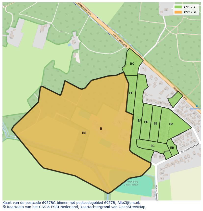 Afbeelding van het postcodegebied 6957 BG op de kaart.