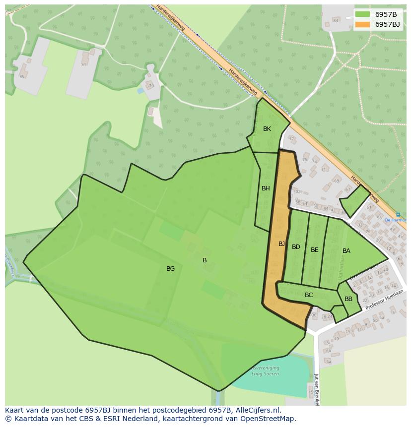 Afbeelding van het postcodegebied 6957 BJ op de kaart.