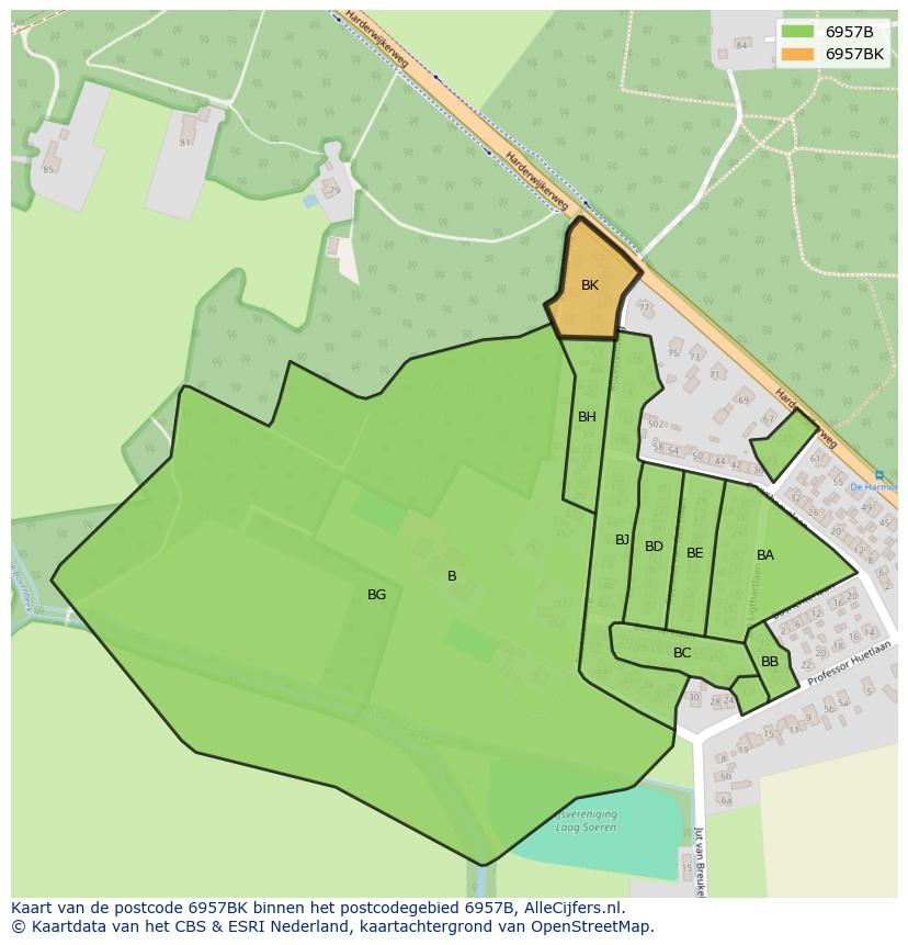 Afbeelding van het postcodegebied 6957 BK op de kaart.