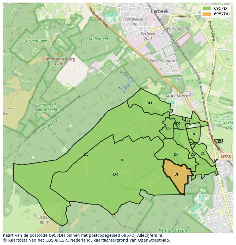 Afbeelding van het postcodegebied 6957 DH op de kaart.