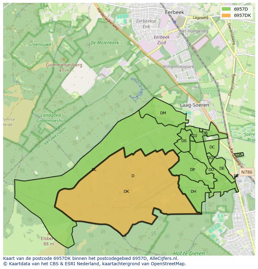 Afbeelding van het postcodegebied 6957 DK op de kaart.