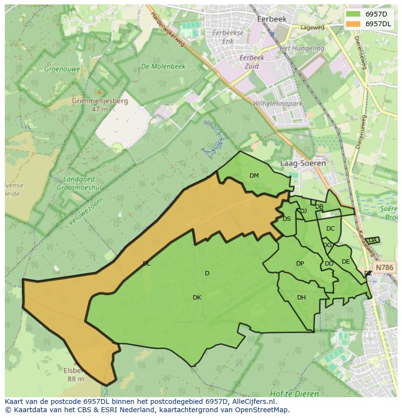 Afbeelding van het postcodegebied 6957 DL op de kaart.