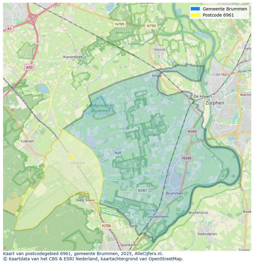 Afbeelding van het postcodegebied 6961 op de kaart.
