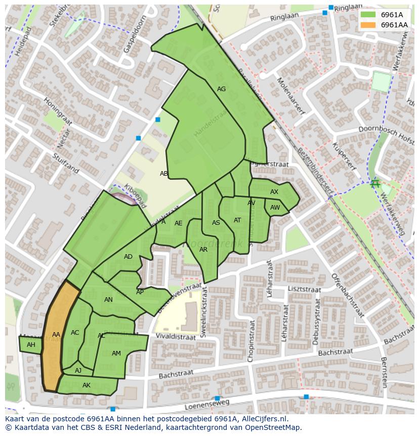 Afbeelding van het postcodegebied 6961 AA op de kaart.