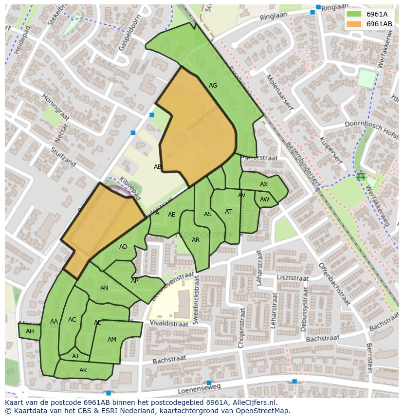 Afbeelding van het postcodegebied 6961 AB op de kaart.