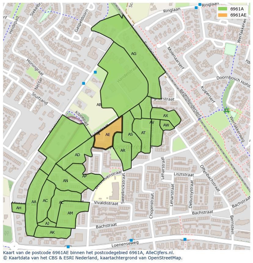 Afbeelding van het postcodegebied 6961 AE op de kaart.