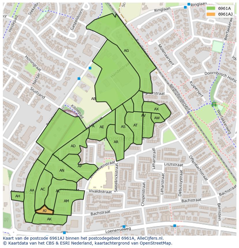 Afbeelding van het postcodegebied 6961 AJ op de kaart.