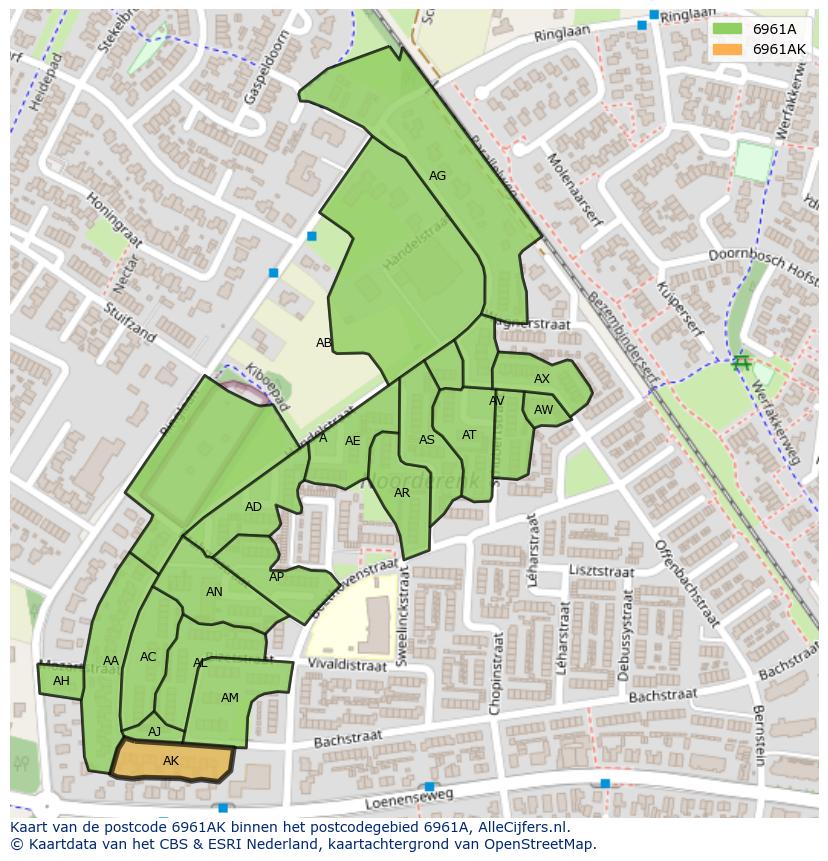 Afbeelding van het postcodegebied 6961 AK op de kaart.